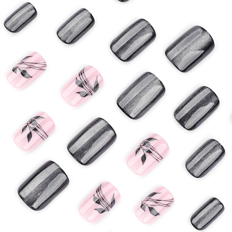 CTTHNBD Medium Press on Nails Square - Black Fake Nails with Leaf Design - Glitter Glossy Full Cover Stick on False Nails - for Women Fall Manicure 24 Pcs - Image 3